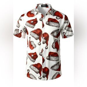 Red and White Casual Button Down Shirt with Festive Santa Hat Design